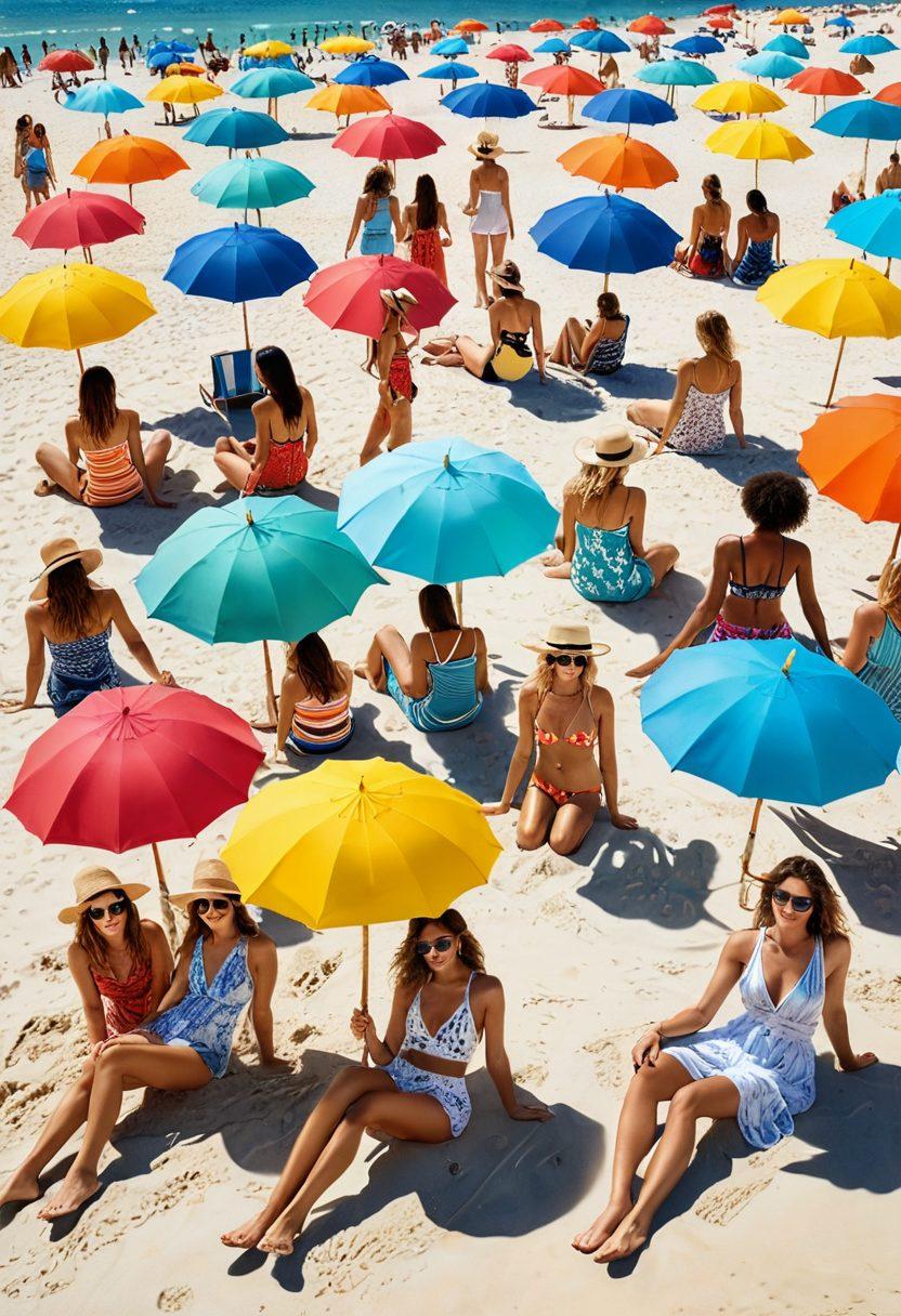 A vibrant beach scene featuring a diverse group of people wearing stylish sundresses and chic two-piece swimwear. Include colorful beach umbrellas, soft sandy shores, and clear blue water in the background. Showcase various fashion styles, from bohemian to modern and playful accessories like hats and sunglasses. Capture the essence of summer fun and relaxation. bright colors, tropical vibe, dynamic composition.