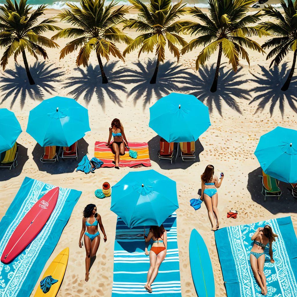 A sunlit beach scene filled with vibrant beachgoers flaunting the latest bikini styles and beach fashion trends. Showcase a diverse group of models in eye-catching swimsuits lounging on colorful beach towels, with stylish umbrellas and surfboards nearby. Include sparkling turquoise waves and palm trees swaying in the background, creating a perfect summer vibe. Capture the essence of joy and warmth in this lively atmosphere. super-realistic. vibrant colors. summer theme.